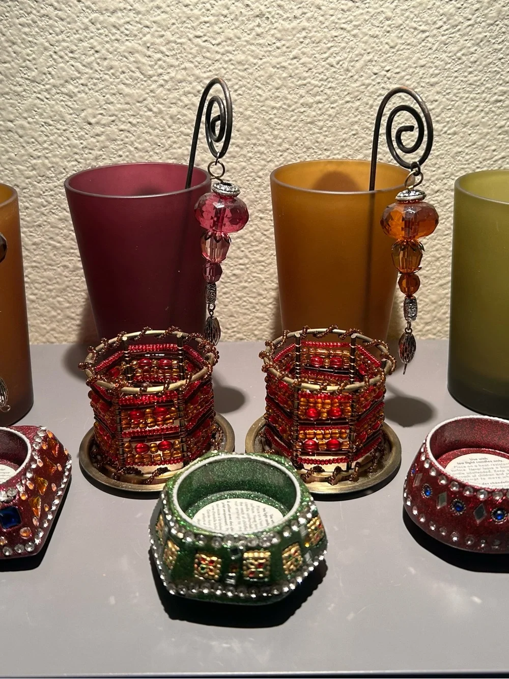 Decorative Beaded Tealight Holders Set - Red & Green